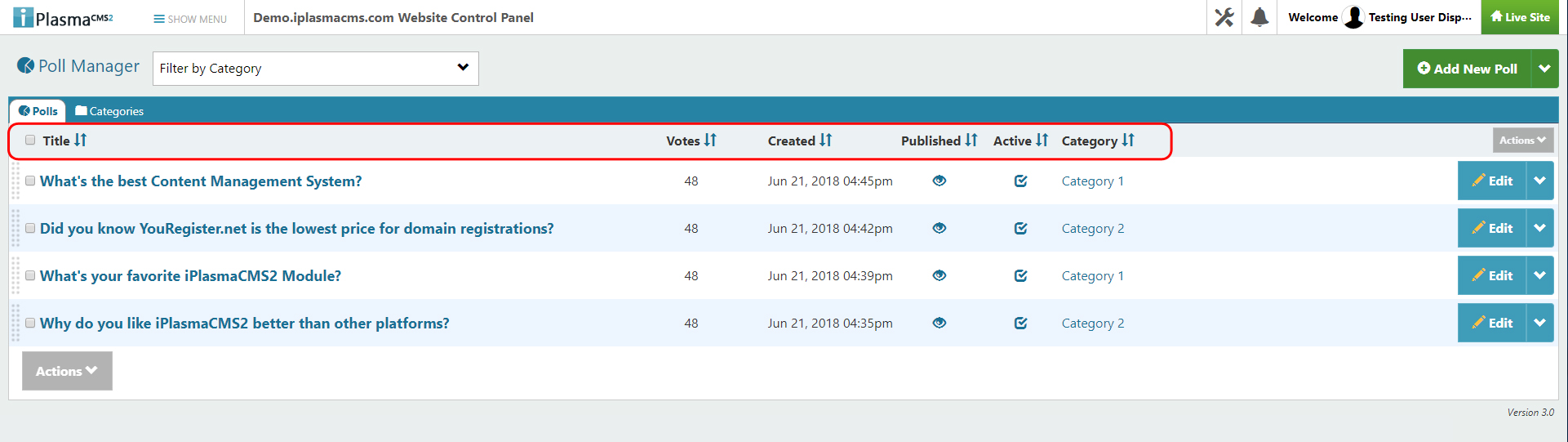 Sort polls and poll options