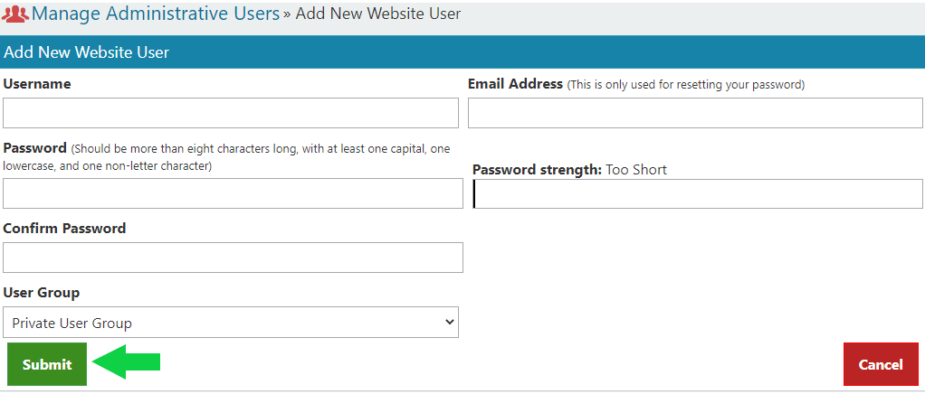 Create New Website User form pic