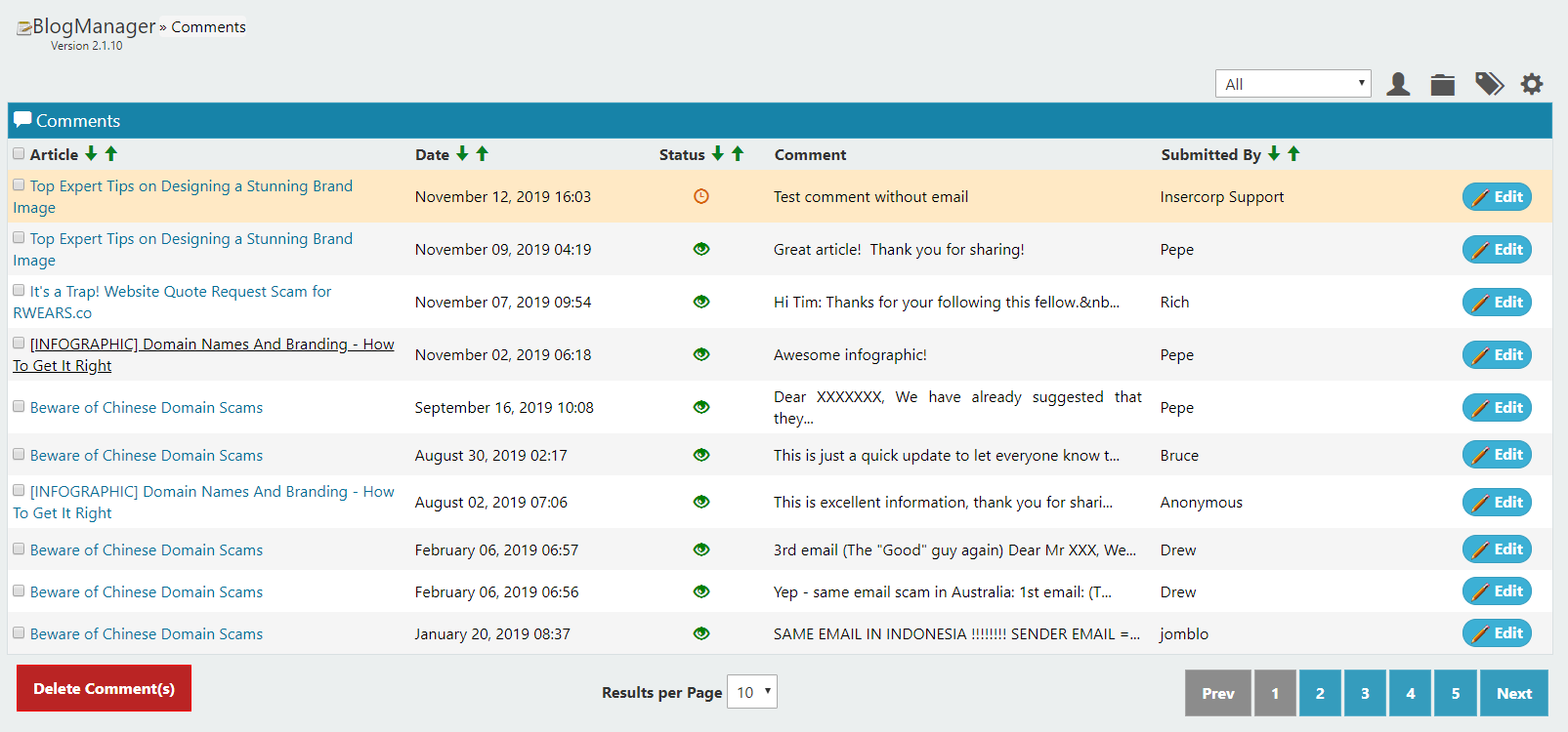 iPlasmaCMS2 Blog Module 2.1.10 Comments interface Screenshot showing the Comments interface in Blog Module 2.1.10